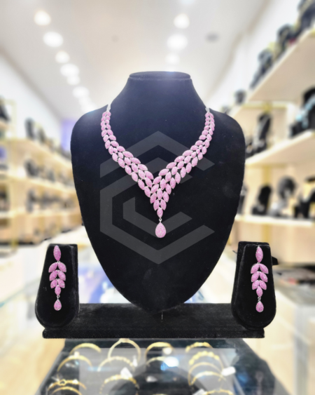 Exquisite Wine-Pink Pave American Diamond Necklace Set - Statement Glamour